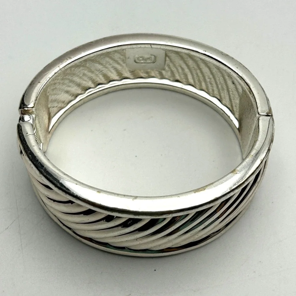 Vintage Premier Designs Chunky Hinged Clamper‎ Bracelet Silver Tone Signed PD